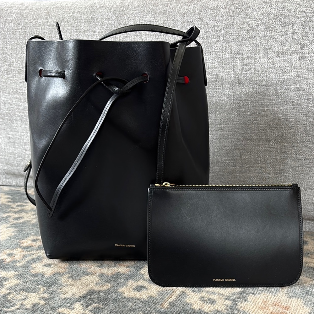 Like New | Mansur Gavriel Black/Flamma Leather Bucket Bag with Detachable Pouch
